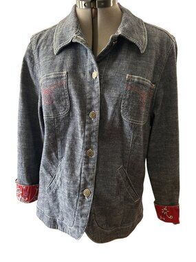 Sag Harbor Sport Denim Jacket Size 14 Blue  Red Floral Accents Casual Button-Up
